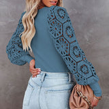 Women's Solid Color Long Cutout Lace Sleeves Crew Neck Shirt Top