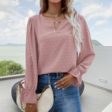 Women's Swiss Dot Keyhole Neck Blouse Top