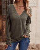 Solid V Neck Long Eyelet Sleeve Shirt