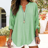V-neck Plain Long Sleeve Linen Casual Shirt Blouse