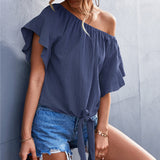 Asymmetrical Neck Ruffle Short Sleeve Solid Color Tie Knot Front Blouse