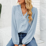 Women Chiffon Pom Pom Lace Patchwork V Neck Blouse