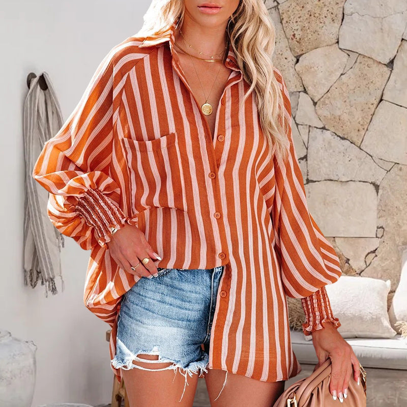 Women's Stripe Solid Color Beach Vacation Sunscreen Midi Shirt Blouse