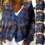 V-neck buttoned irregular contrast printed knit cardigan