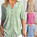 Striped Button Middle Sleeve Casual V Neck Shirt Blouse