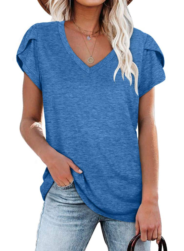 Women's Petal Sleeve Casual T-shirts - Blue