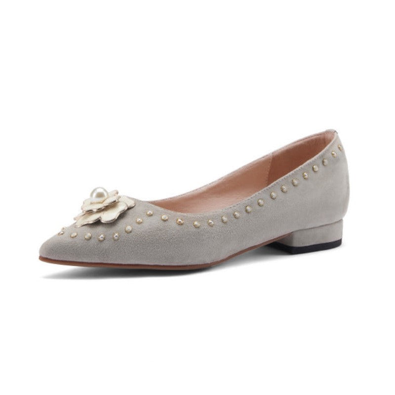 Delicate Pointed-Toe Camellia Leather Flats
