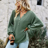 Casual V Neck Solid Color Long Sleeve Pullover 