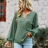 Casual V Neck Solid Color Long Sleeve Pullover 