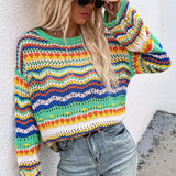 Long Sleeve Rainbow Cut Out Sweater Pullover