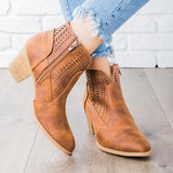 Cutout Pointed Toe Chunky Side Zipper Boots