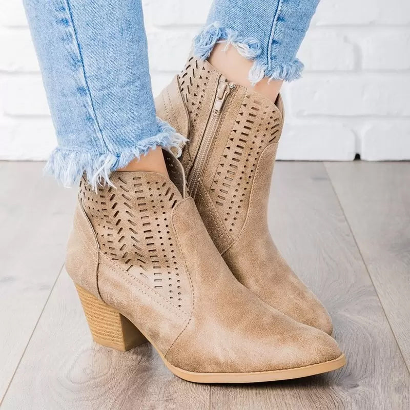 Cutout Pointed Toe Chunky Side Zipper Boots