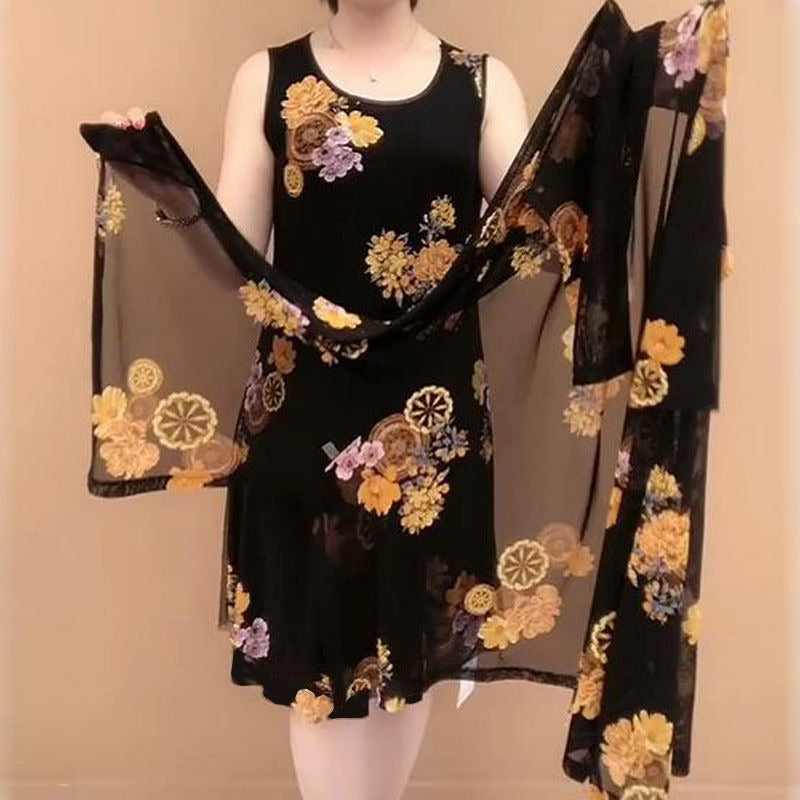 Women's Dress Floral Print With Shawl