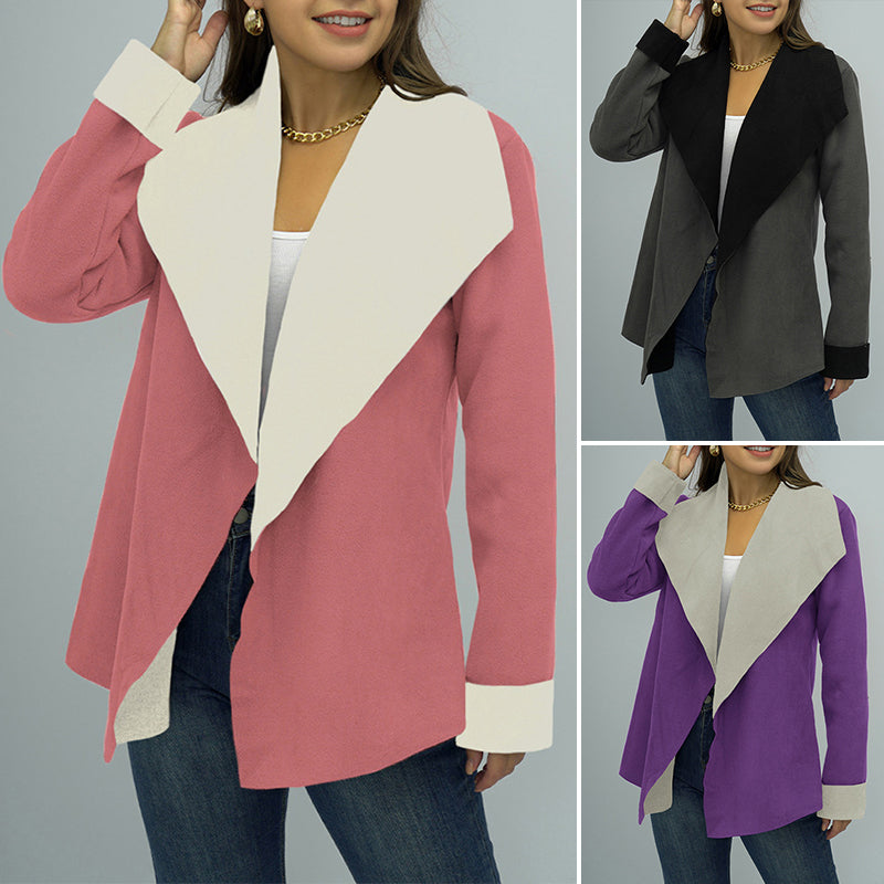 Ladies Solid Color Large Lapel Zip Loose Jacket