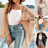 Women Beach Cover-up Open Solid Front Hollow-out Cardigan