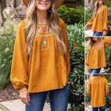 Women Ethnic Embroidered Puff Sleeve Crew Neck Long Sleeve Blouse