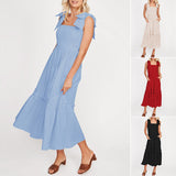 Women Plain Tie Shoulder Ruffle Hem Maxi Dress