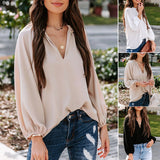 Women's Notched V Neck Lantern Sleeve Plain Blouse