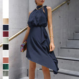 Women Tie Back Asymmetrical Hem Halter Satin Dress