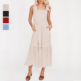 Women Plain Tie Shoulder Ruffle Hem Maxi Dress