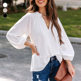 Women's Notched V Neck Lantern Sleeve Plain Blouse