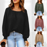 Women Square Neck Long Puff Sleeve Raglan Waffle Knit Shirt Top