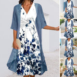 Women Two Piece Printed Midi Dress Elegant Twist Knot Front V Neck Half Sleeve Dress