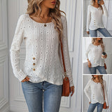 Round Neck Eyelet Embroidery Hem Button decoration Knitted top