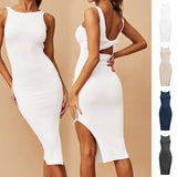 Women Plain Sleeveless Bodycon Knee-length Side Slit Dress