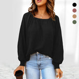 Women Square Neck Long Puff Sleeve Raglan Waffle Knit Shirt Top