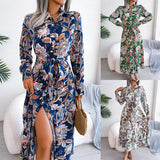 Tropical Floral Print Belted Shirt Maxi Dress Long Sleeve