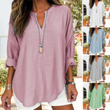 V-neck Plain Long Sleeve Linen Casual Shirt Blouse
