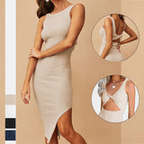 Women Plain Sleeveless Bodycon Knee-length Side Slit Dress