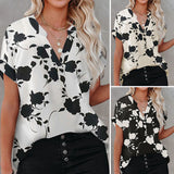 Womens Chiffon Floral Printed Notched Neck Cuffed Short Sleeve Blouse