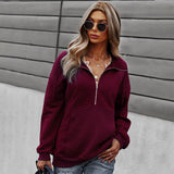 Ladies Zipper Lapel Patchwork Sweatshirt