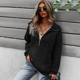 Ladies Zipper Lapel Patchwork Sweatshirt