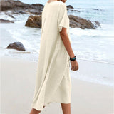 Women Cotton Linen Crew Neck Short Sleeve Solid Casual Midi Dress