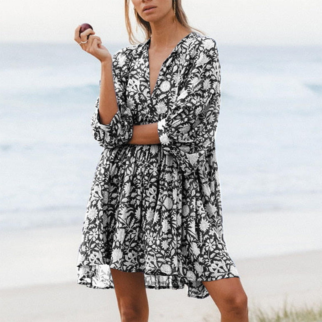 Women's Floral String Puff Sleeve Loose Mini Dress
