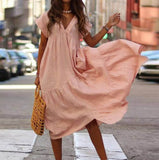 Women Vintage V Neck Maxi Dress