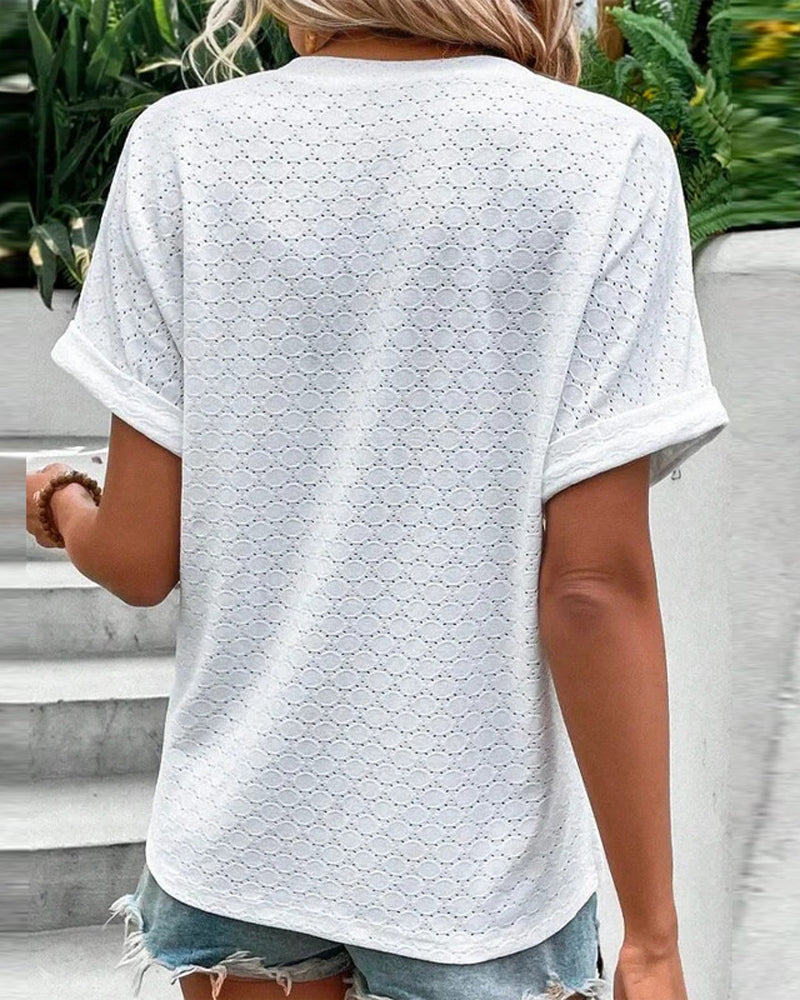 Notched Neck Eyelet Short Sleeve Plain Shirt