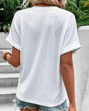 Notched Neck Eyelet Short Sleeve Plain Shirt