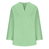 V-neck Plain Long Sleeve Linen Casual Shirt Blouse