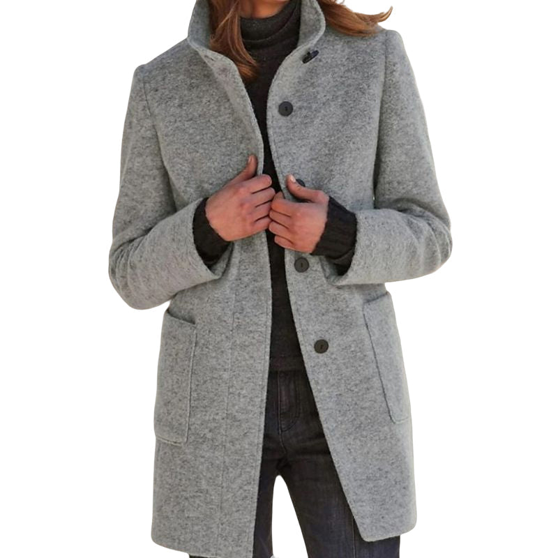 Solid Color Button Stand Collar Woolen Jacket