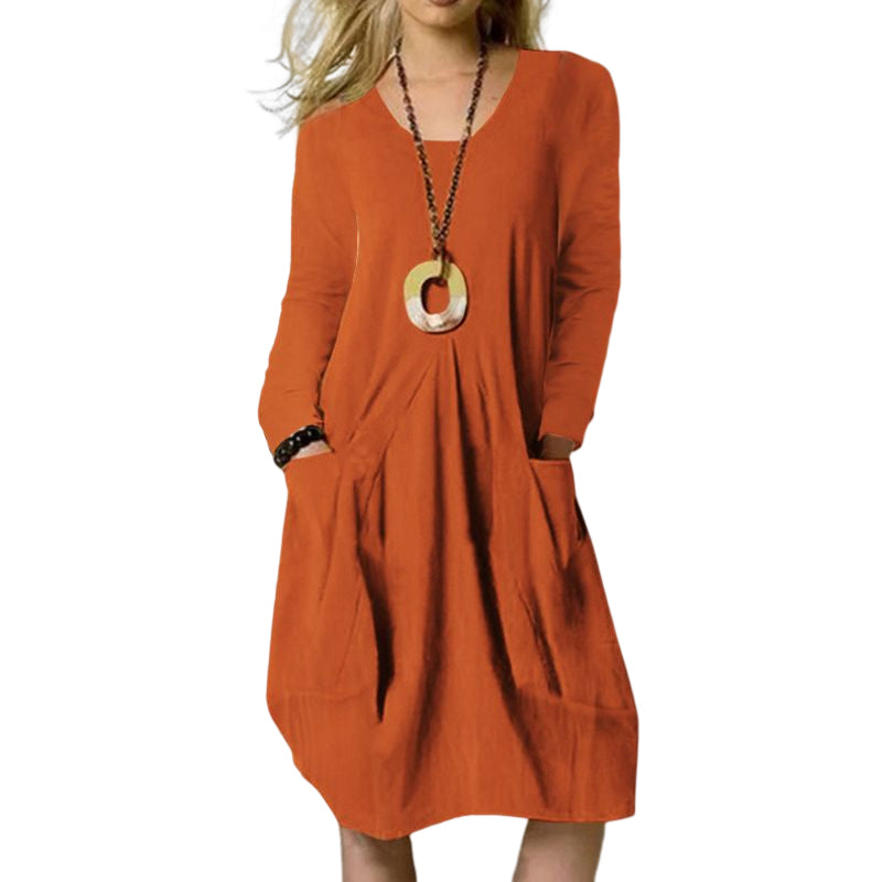 Women Long Sleeve Cotton Linen Pocket Midi Dress Solid Color