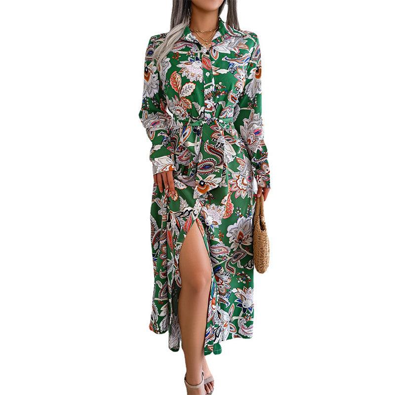 Tropical Floral Print Belted Shirt Maxi Dress Long Sleeve