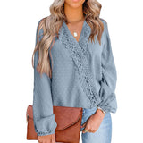 Women Chiffon Pom Pom Lace Patchwork V Neck Blouse