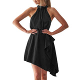 Women Tie Back Asymmetrical Hem Halter Satin Dress