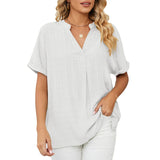 Women Loose Split V-Neck Flowy Plain Short Sleeve