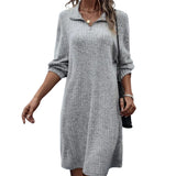 Solid Color Shift Dress with Long Sleeves and Zipper