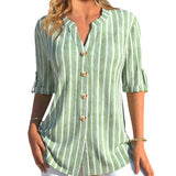 Striped Button Middle Sleeve Casual V Neck Shirt Blouse
